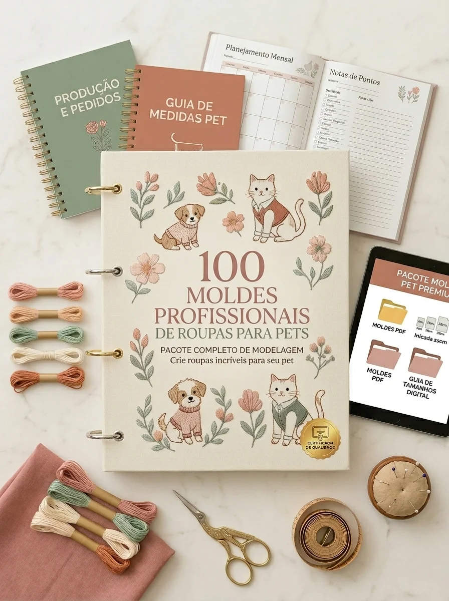 Pacote completo: 100 moldes profissionais de roupas para pets + bônus