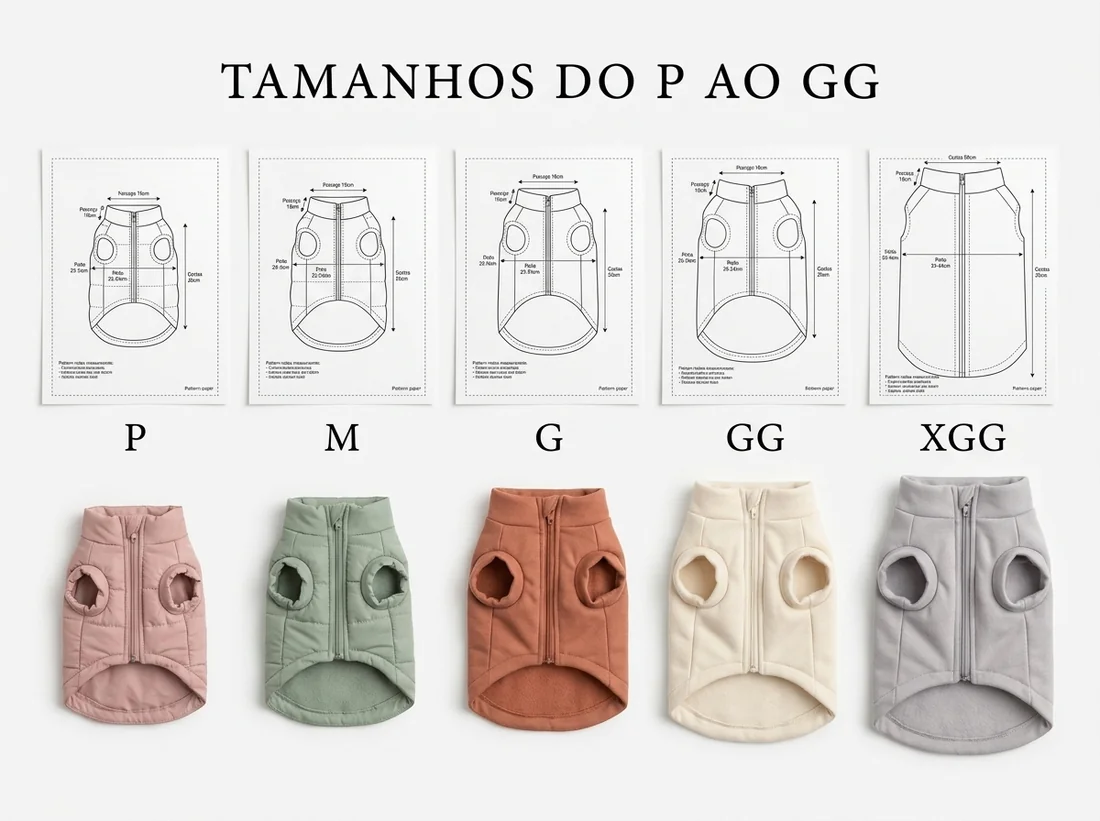 Tamanhos do P ao GG: 5 moldes técnicos e 5 jaquetas pet em cores variadas