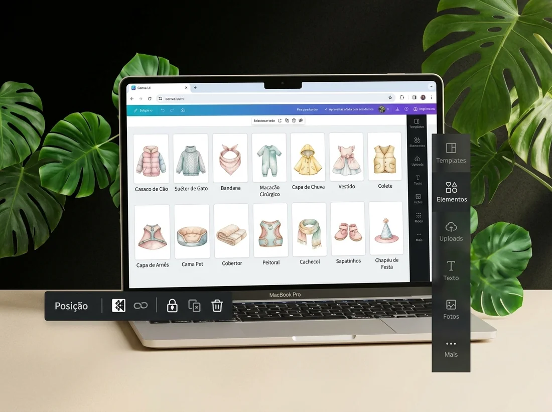 14 categorias de roupas pet exibidas em interface tipo Canva no laptop