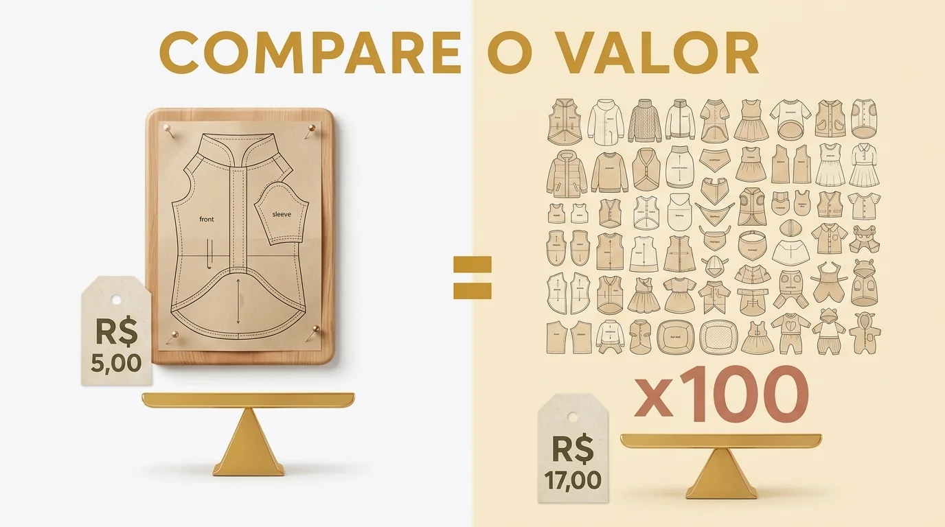 Compare o valor: 1 molde solto R$ 5 vs. 100 moldes por R$ 17