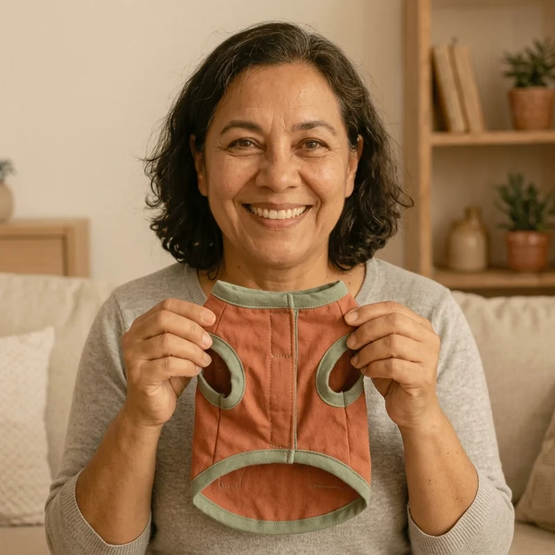 Maria Santos sorrindo segurando peitoral pet costurado por ela